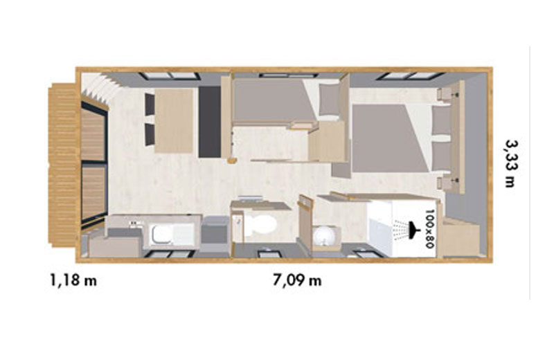 plan van de Roulotte met een prachtig uitzicht op de rivier, bijzondere accommodatie in Haute-Loire, te huur op camping Les Murmures du Lignon