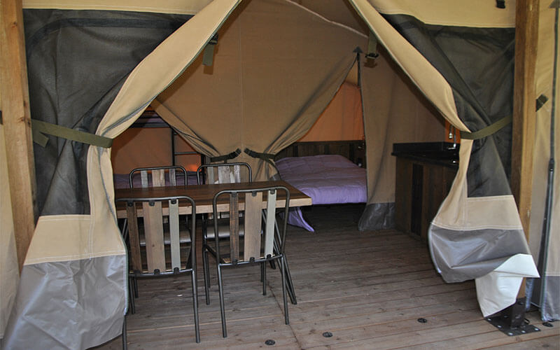 Trapper Safari tent with living room and bedroom with double bed: unusual accommodation rental near Le Puy-en-Velay